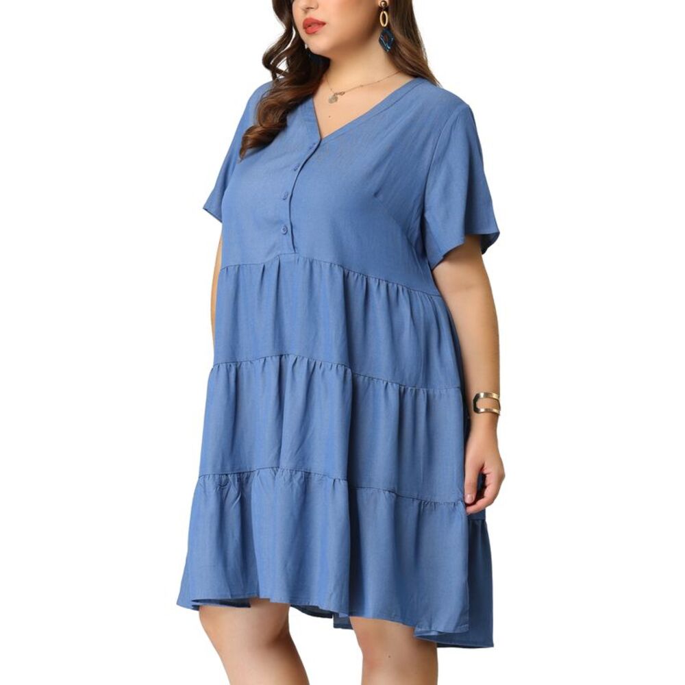 Plus Size Denim Dress Chambray Knee Length Button Down V Neck Tier Jean Blue